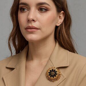 Florenza Gold Black Brooch Glass Round Pin Black Rhinestones OS Vintage